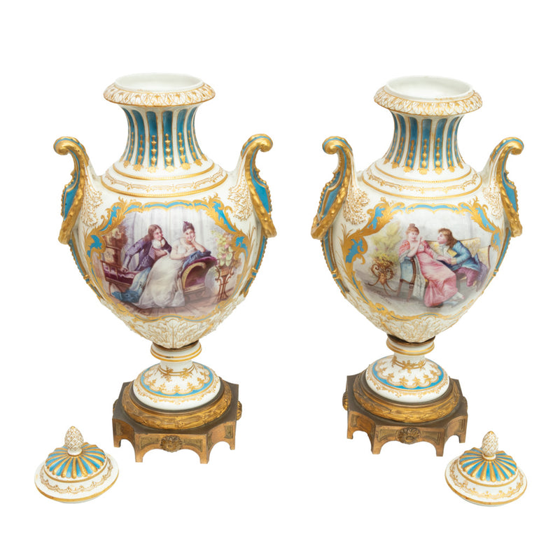 Pair Antique French Sevres Handpainted Gilded Ormolu Porcelain Urns signed 1890