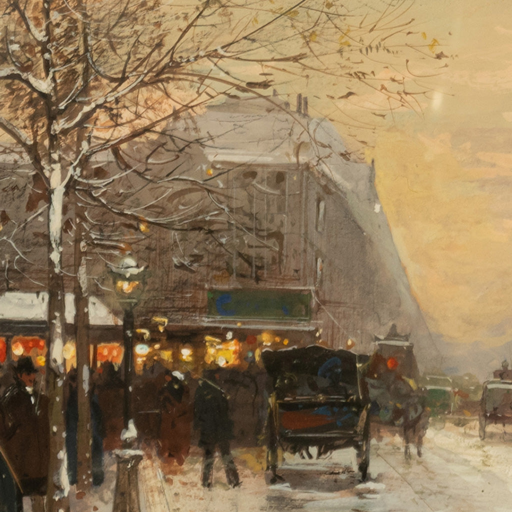 French Impressionist Painting Winter Landscape Scene "Foire de Montmartre" Paris by Eugene Galien-Laloue, 1900