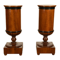 Pair Antique Austrian Walnut Biedermeier Drum Pedestal Cabinets Nightstands 1830