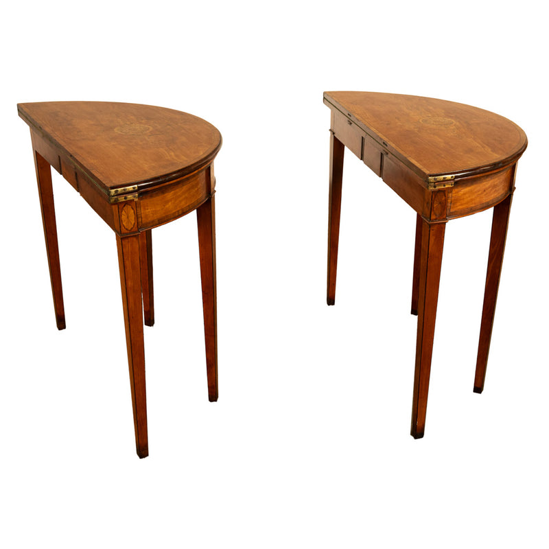 Antique Pair of Georgian Demi-lune Inlaid Mahogany & Stainwood Card Tables 1780 Ex-Christies
