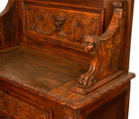 Antique 19th Century Italian Renaissance Revival Carved Walnut Bench Settle 1880