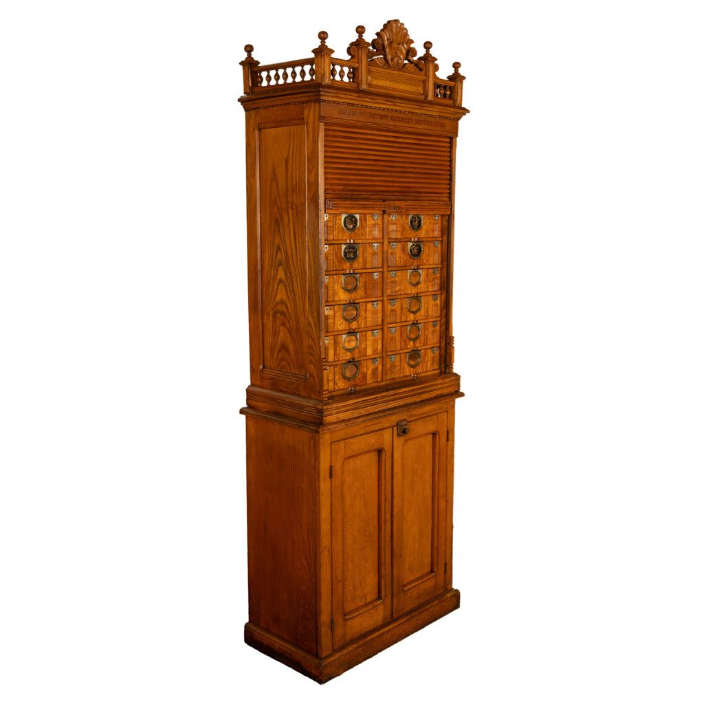 Antique American Carved Oak Victorian Roll Top Letter File Cabinet Amberg Co, 1883