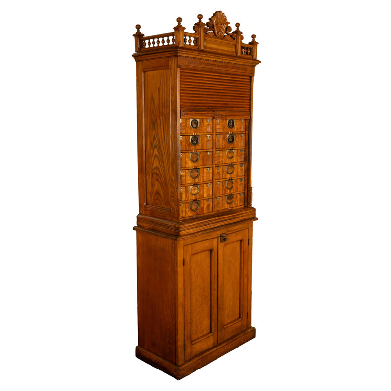 Antique American Carved Oak Victorian Roll Top Letter File Cabinet Amberg Co, 1883