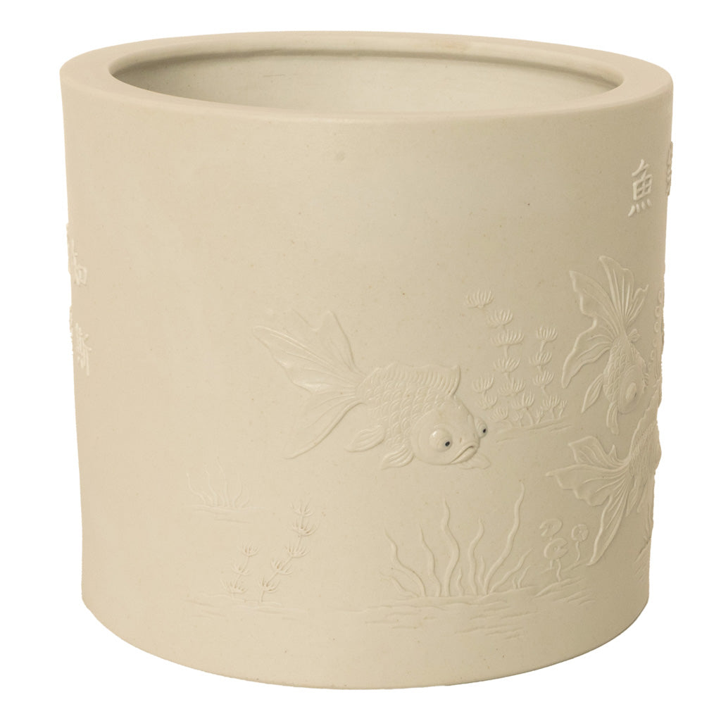 Antique Chinese Qing Biscuit Porcelain Scholar's Brush Pot Bitong Gold Fish 1850