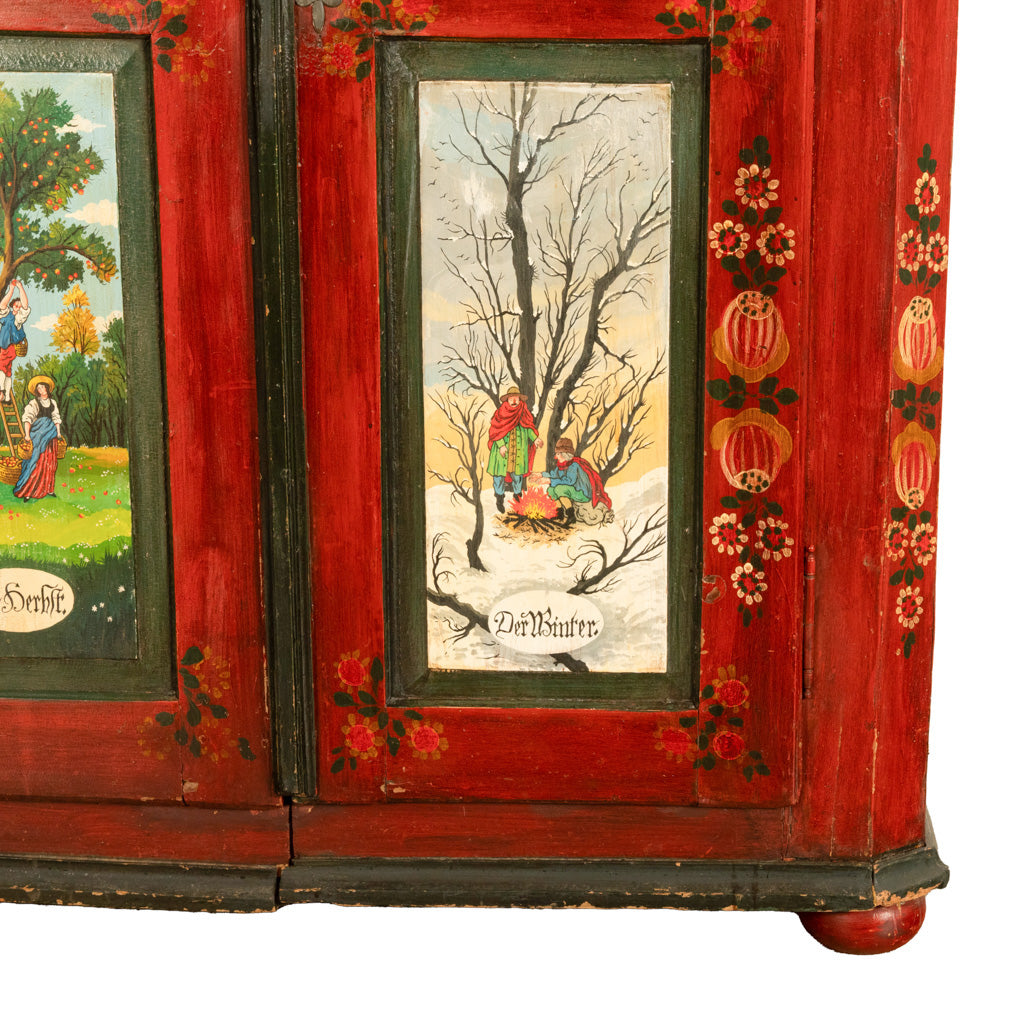 Antique 19th Century German Painted Cabinet Wedding Armoire "Four Seasons" 1850