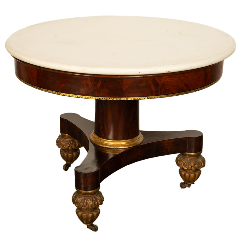 Antique American Classical Mahogany Marble Top Parcel Gilt Round Center Table New York Duncan Phyfe 1825