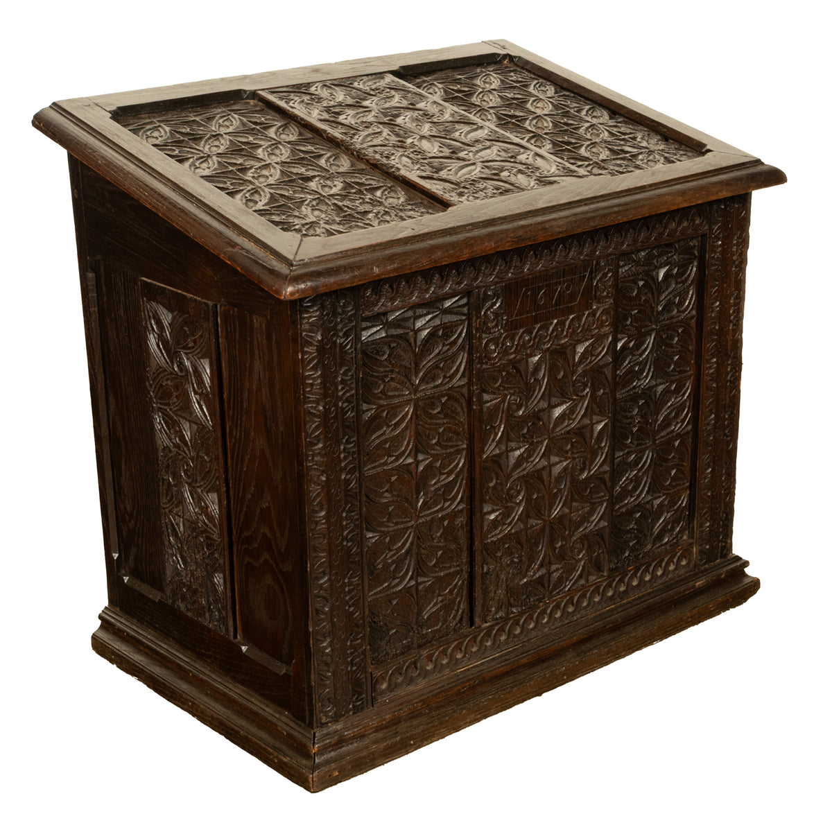 Antique French Medieval Gothic Carved Oak Chest Coffer 17th Century Panels 1679