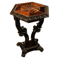 Antique Ceylonese Carved Rosewood Ebony Ivory Silver Specimen Inlaid Table 1850
