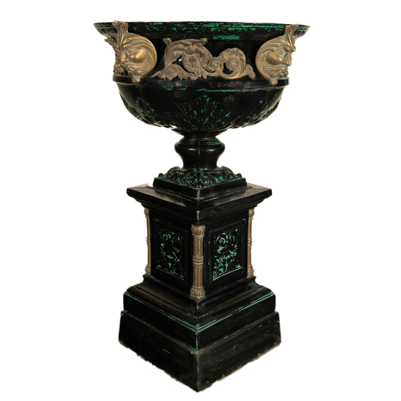 Monumental 70" Tall Antique Cast Iron Bronze Garden Urn Planter on Pedestal 1930