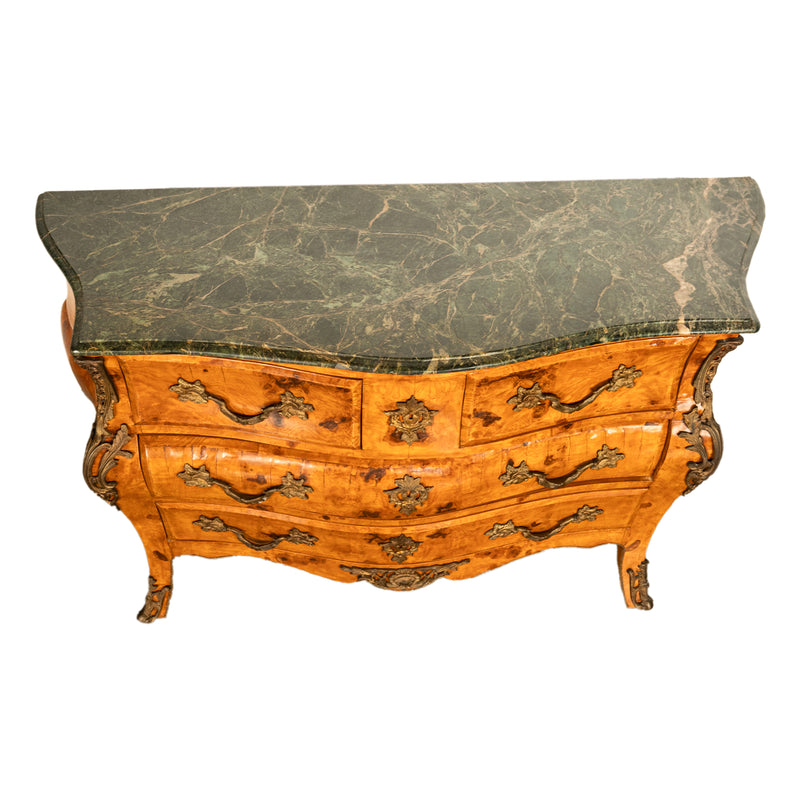 Pair 19th Century Antique Italian Burlwood Bombe Commodes Chests Ormolu & Green Marble 1890