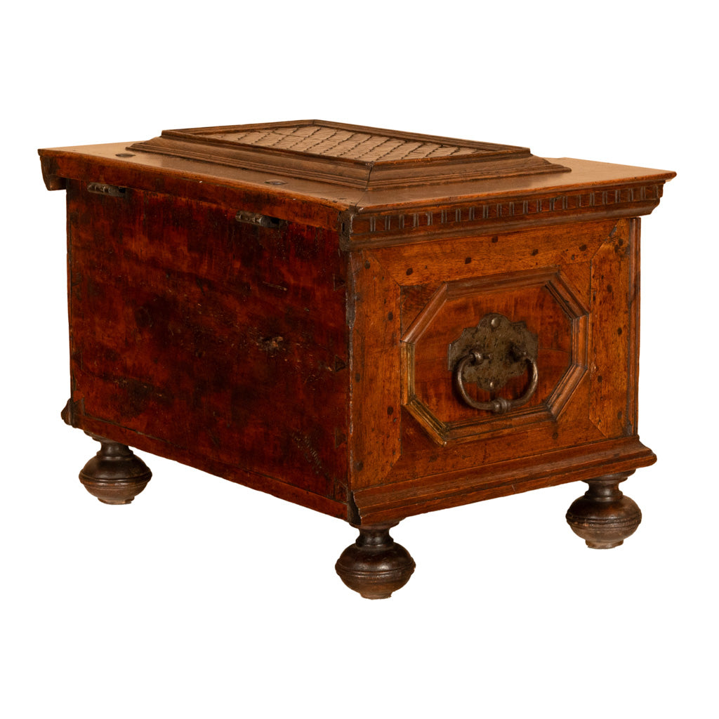 Antique Carved Walnut & Iron Coffer Chest Strong Guild Box Simmern Germany 1737