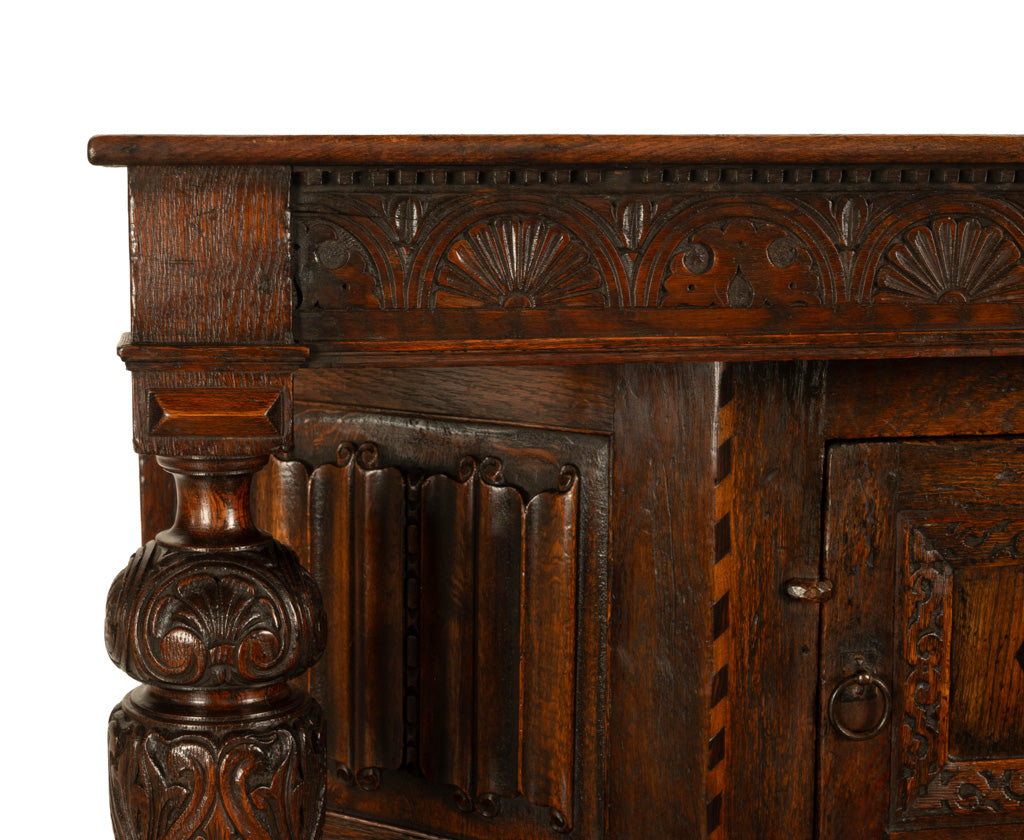 Antique 16th C Elizabethan Tudor Inlaid Oak Carved Court Cupboard Cabinet 1580