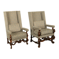 Pair 17th Century Style Carolean Carved Walnut Throne Wing Back Armchairs 1860