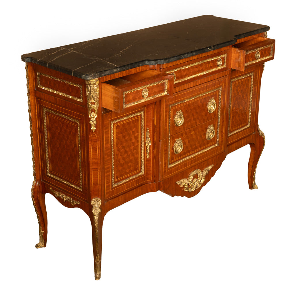 Antique French Parquetry Ormolu Marble Top Louis XVI Commode Chest Drawers 1880
