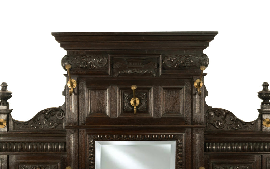Antique Monumental Renaissance Revival Carved Oak Hall Tree Stand Mirror 1890