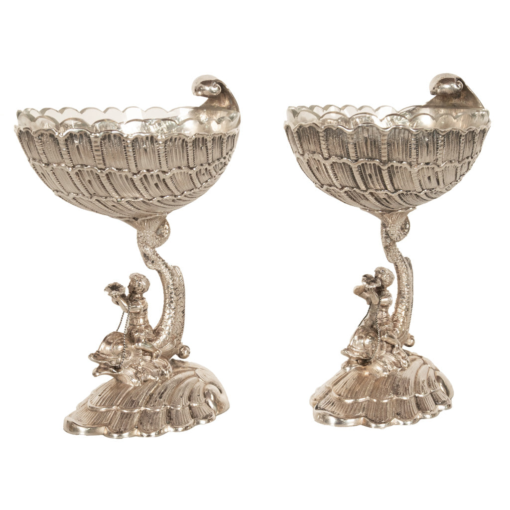 Antique Pair German Silver Master Salts Grotto Shells Putti Dolphins Hannau 1890