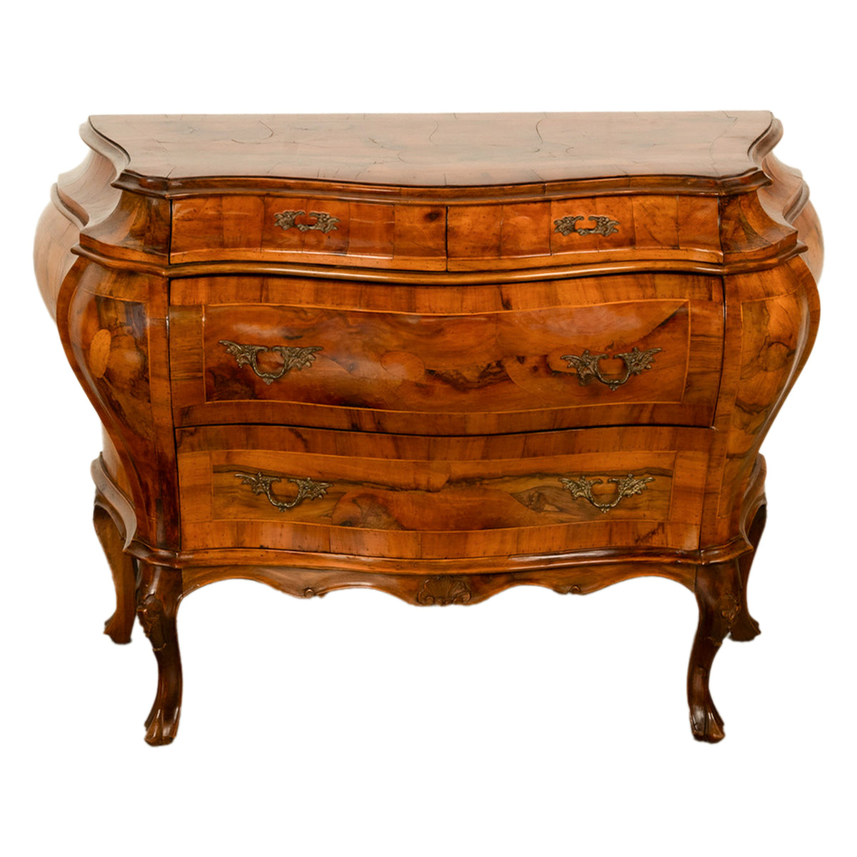 19th Century Italian Antique Inlaid Walnut Bombe Louis XV Venetian Commode 1880