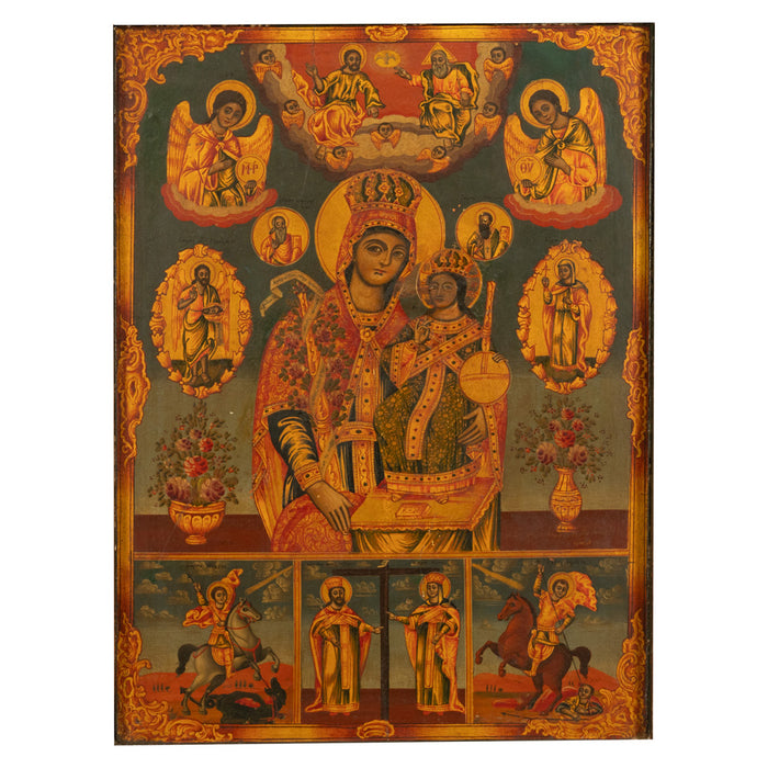 Antique 19th C Greek Orthodox Icon Virgin Mary & Jesus St. George & Dragon 1800