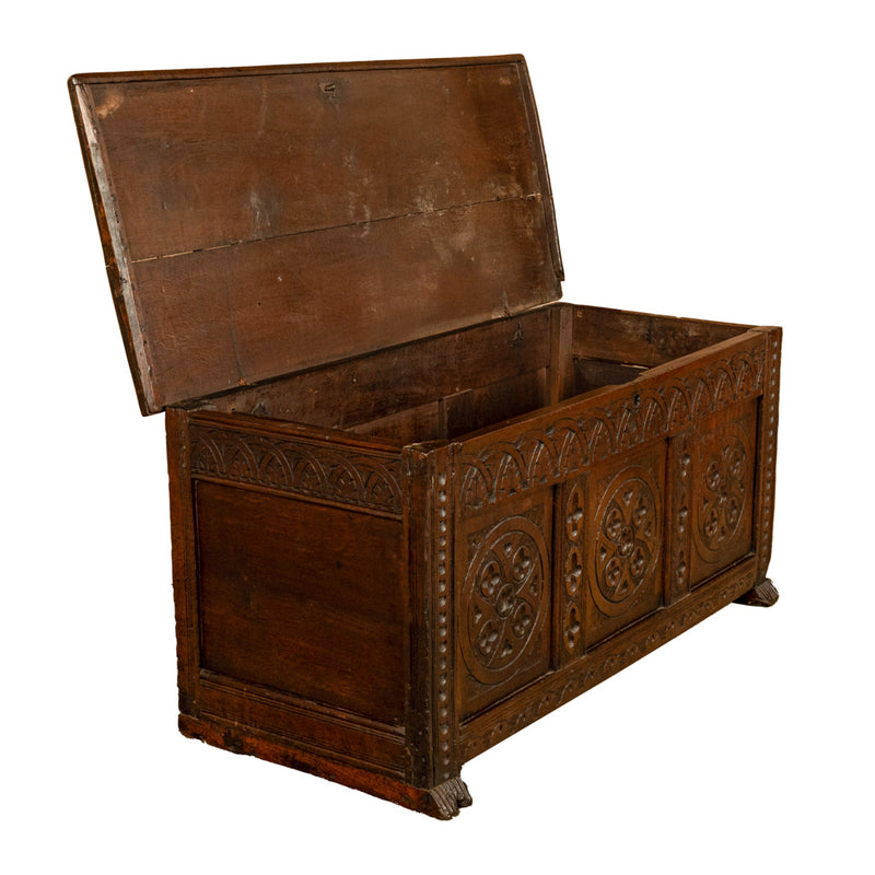Antique English 17th Century William III Carved Oak Coffer Chest Candle Box 1690
