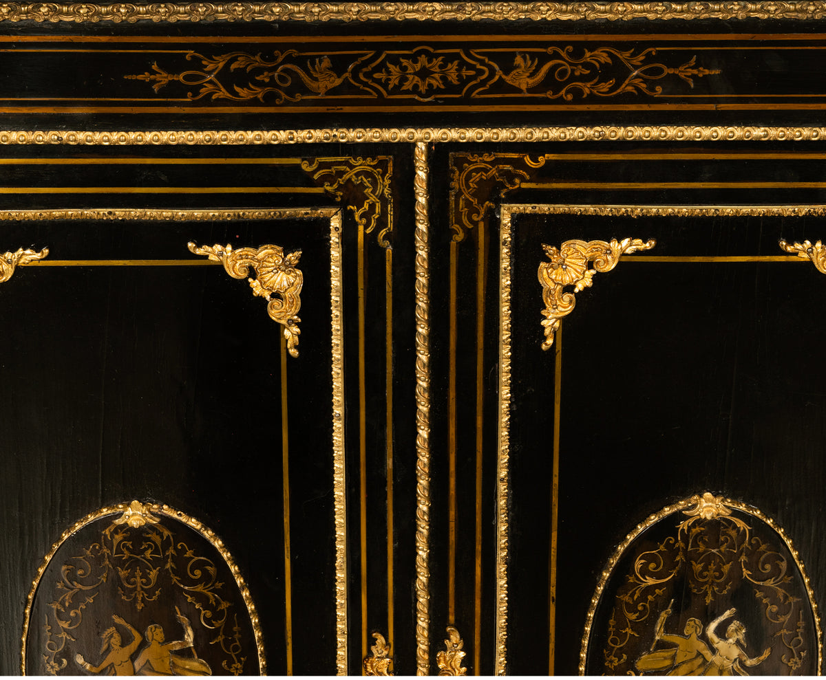 19th Century French Napoleon III Ormolu & Marble Ebonized Cabinet Sideboard 1860