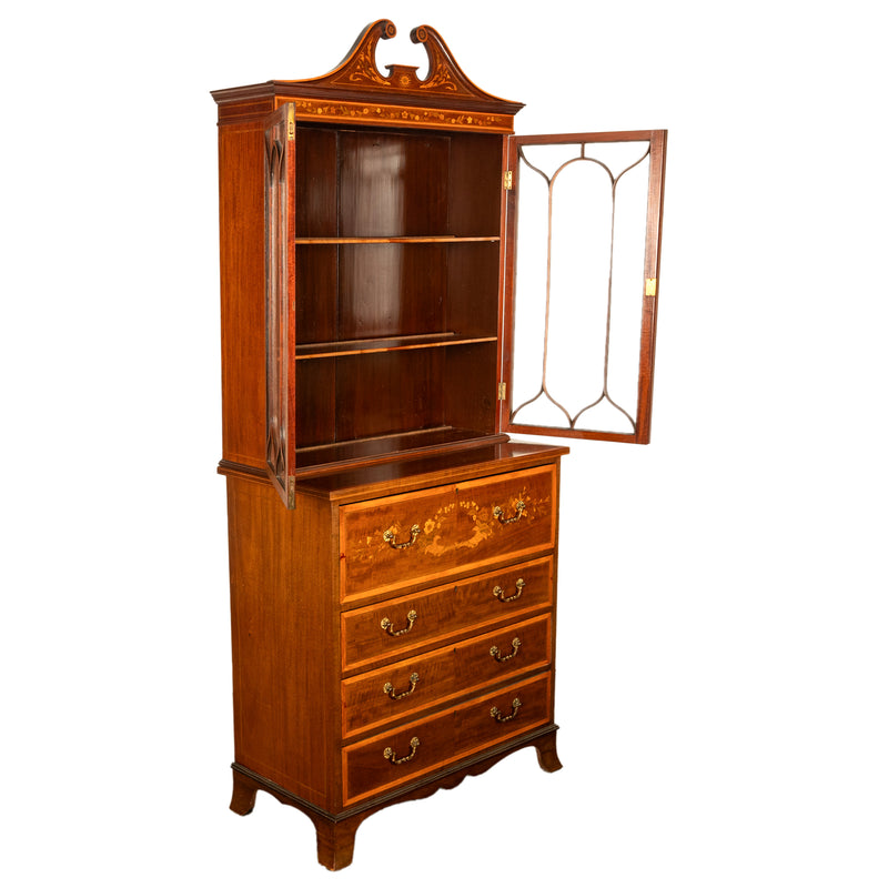 Antique Georgian Sheraton Marquetry Mahogany Bureau Bookcase Butler's Secretary Circa 1810