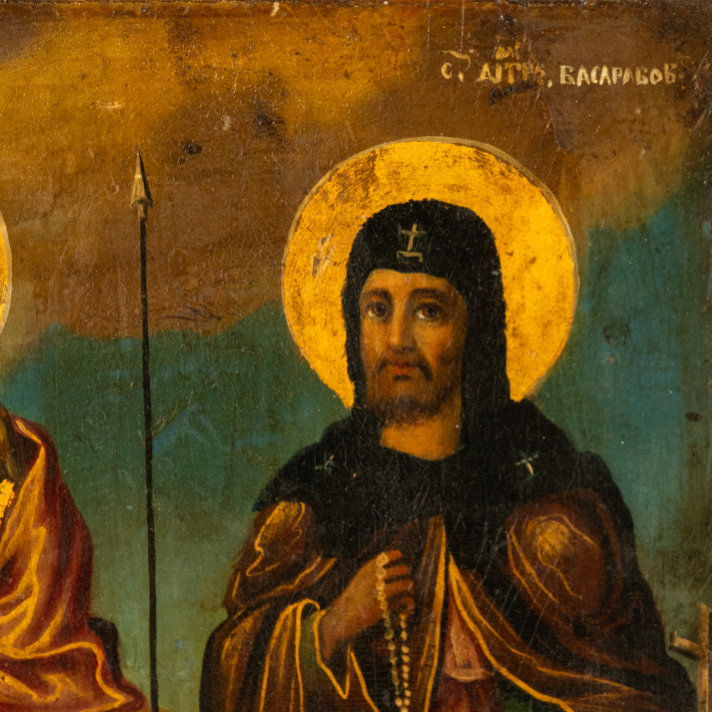 Antique Greek Orthodox Gilded Hand-painted Egg Tempera Double Sided Icon, 1850