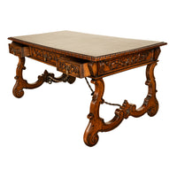 Antique Spanish Carved Walnut Baroque Partners Desk Writing Trestle Table 1880