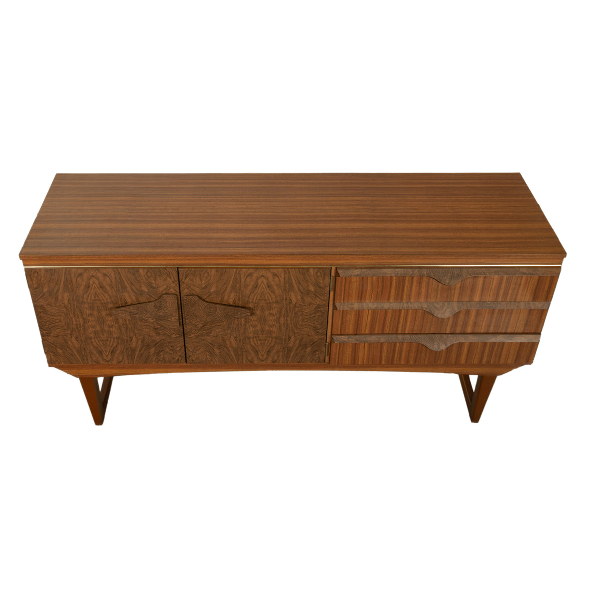 Mid Century Modern Danish Style Compact Zebra Wood Teak Credenza Sideboard 1960