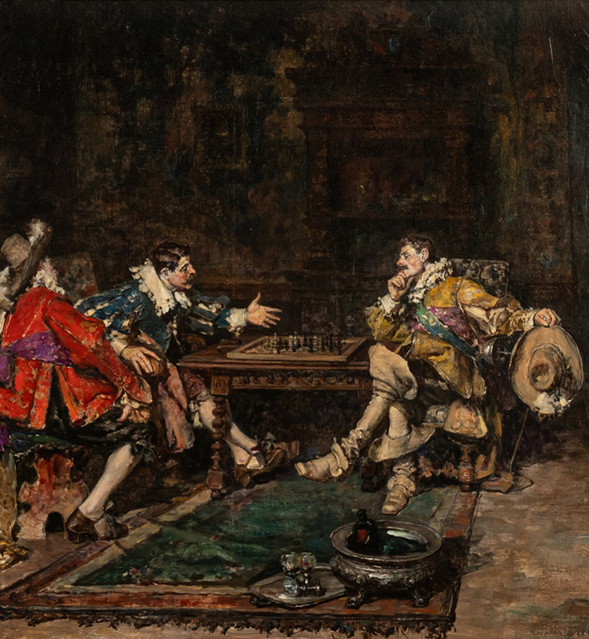 Antique Spanish Oil on Canvas Painting French Cavaliers Playing Chess Paris by Maximo Juderias Caballero  1910