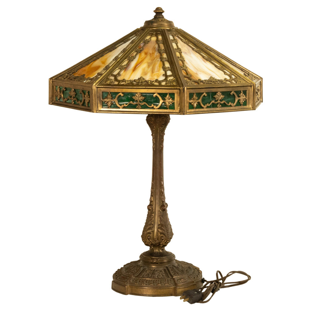 Antique American Arts & Crafts 3 Light Slag Glass Table Lamp by Miller Co. 1910