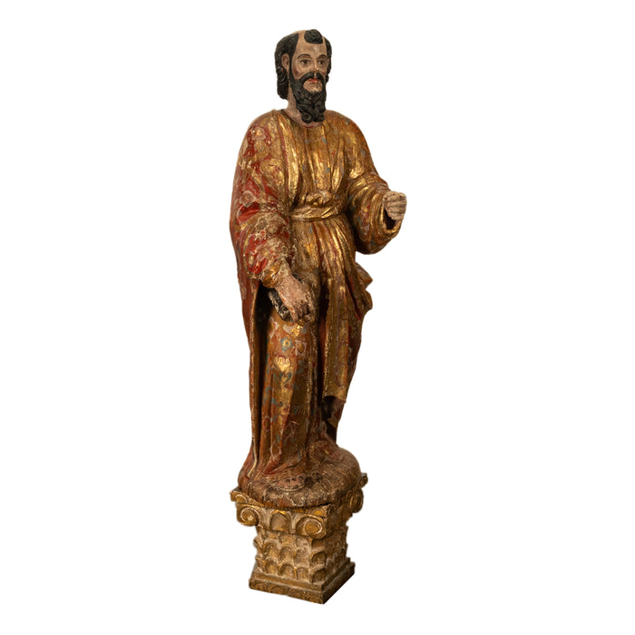 Antique 18th Century Spanish Colonial Lifesize Saint Paul Carved Estofado Statue Santo 1750