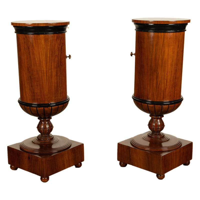 Pair Antique Austrian Walnut Biedermeier Drum Pedestal Cabinets Nightstands 1830