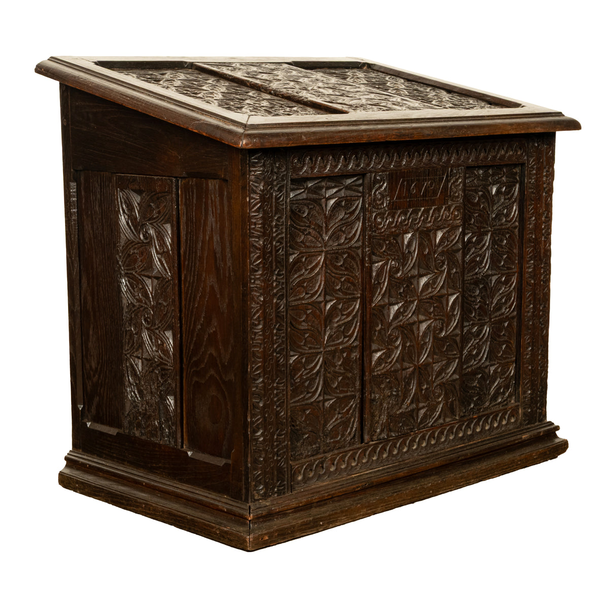 Antique French Medieval Gothic Carved Oak Chest Coffer 17th Century Panels 1679
