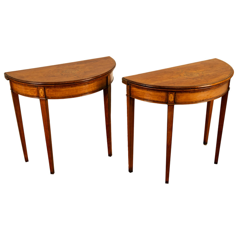 Antique Pair of Georgian Demi-lune Inlaid Mahogany & Stainwood Card Tables 1780 Ex-Christies
