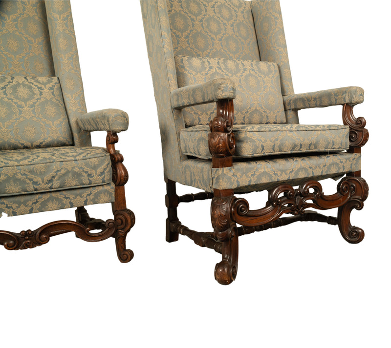 Pair 17th Century Style Carolean Carved Walnut Throne Wing Back Armchairs 1860