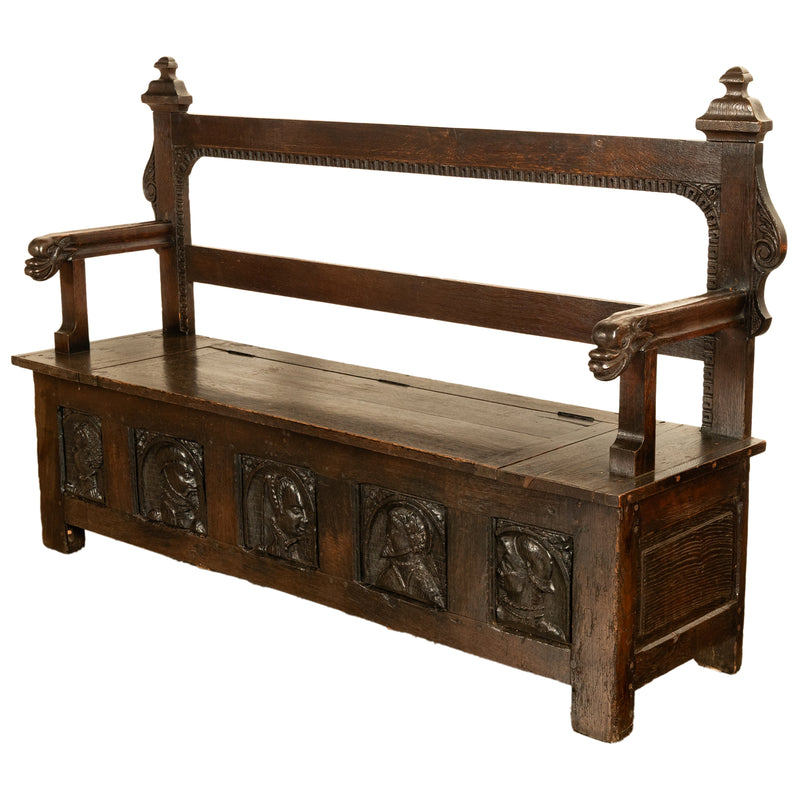 Antique French Brittany Carved Oak Bench with 16th Century Portrait Panels 1560