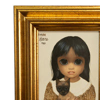 Authentic Oil Painting on Panel "Big Eyes" Beautiful Young Girl with Siamese Cat by Margaret Keane, 1980