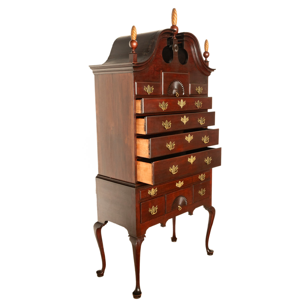 Antique 18thC American Federal Queen Anne Mahogany Bonnet-Top Highboy Salem Massachusetts 1790