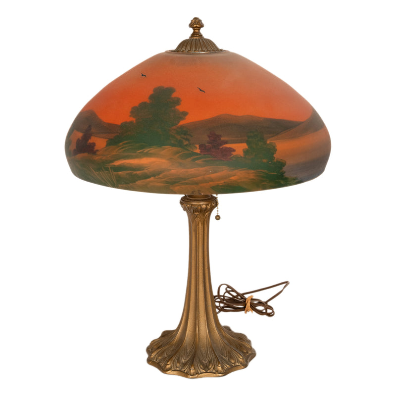 Antique American Pittsburgh Reverse Painted Glass Bronze Table Lamp Signed 1920