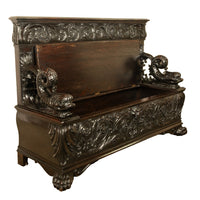 Antique Italian Renaissance Revival Carved Walnut Hall Bench Chest Dolphins 1870