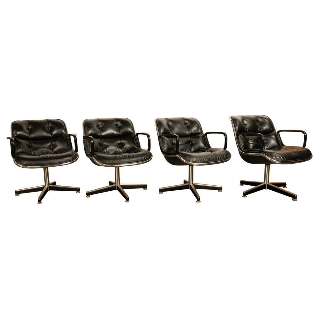 Set of 4 Mid Century Modern Charles Pollock Knoll Black Leather Executive Chairs, 1963