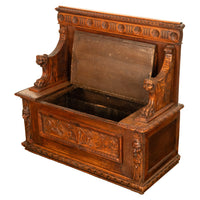Antique 19th Century Italian Renaissance Revival Carved Walnut Bench Settle 1880
