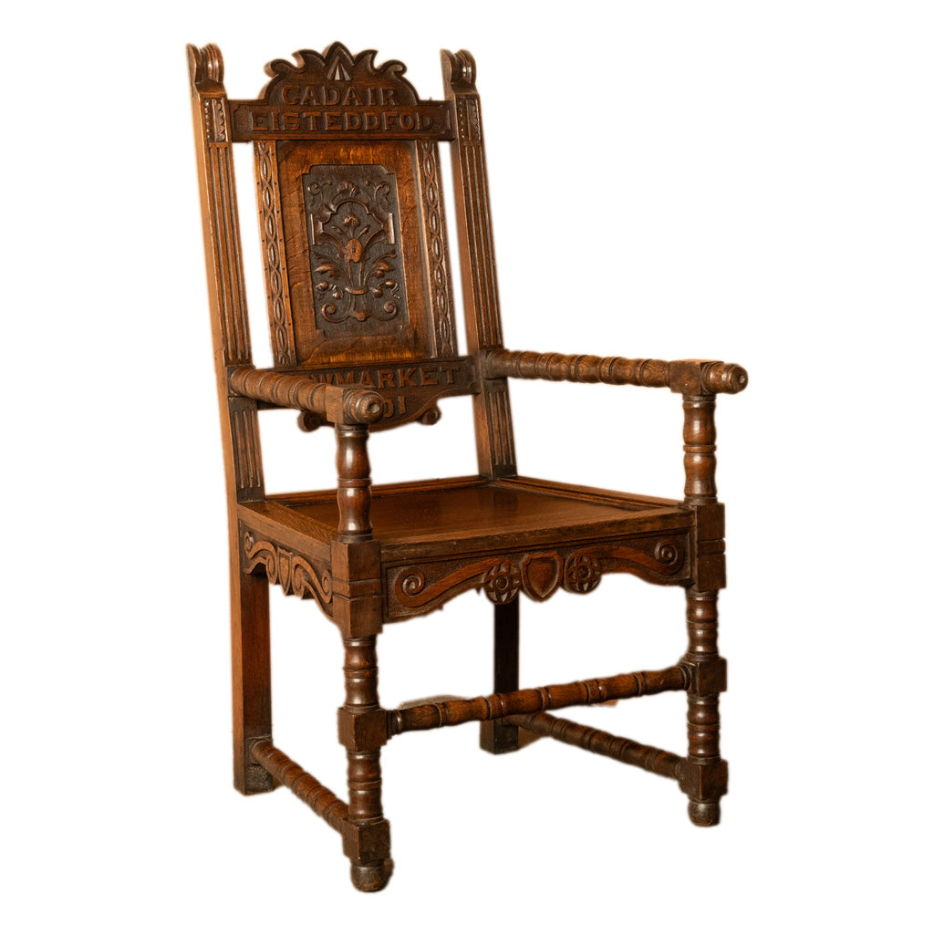 Antique Welsh Carved Oak Eisteddfod Bardic Chair Newmarket Trelawnyd Wales 1901