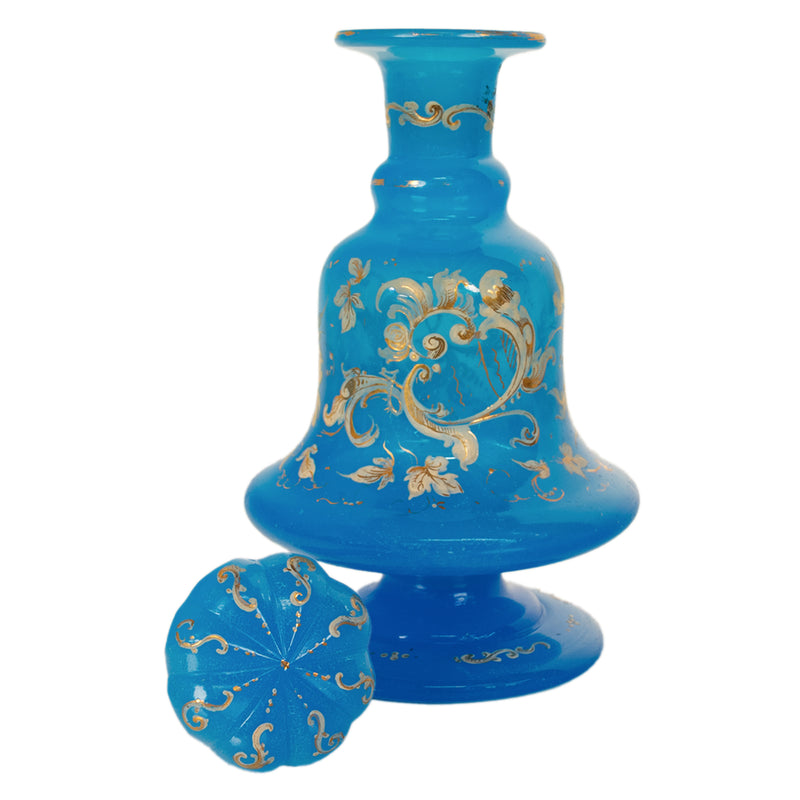 Antique Pair French Blue Opaline Gilded Enamel Glass Perfume Bottles Flacon 1850