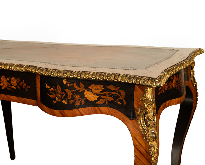 Antique French Louis XV Tulipwood Marquetry Ormolu Bureau Plat Writing Table Circa 1880