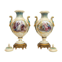 Pair Antique French Sevres Handpainted Gilded Ormolu Porcelain Urns signed 1890