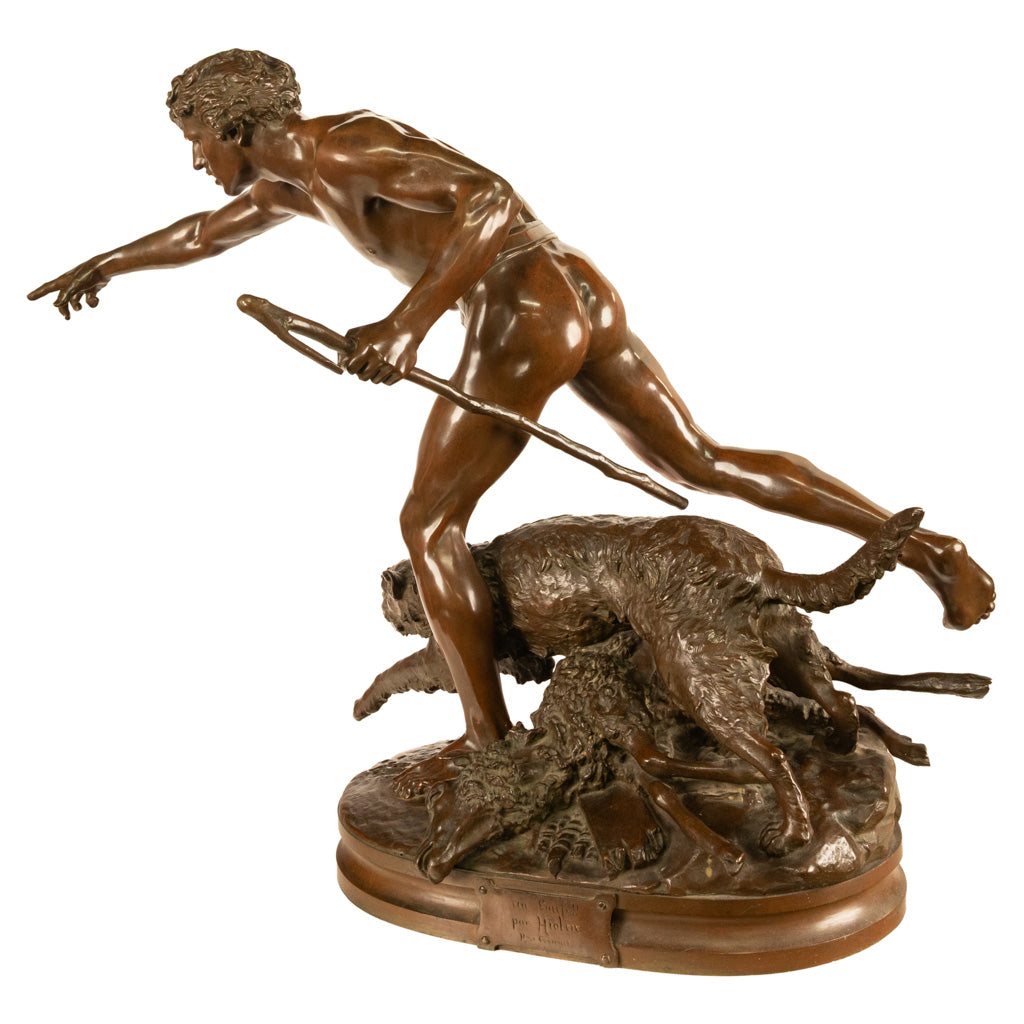 Monumental French Figurative Bronze Statue 'Au Loup' Shepherd Dog Sheep Hunting by Louis-Auguste Hiolin, 1874