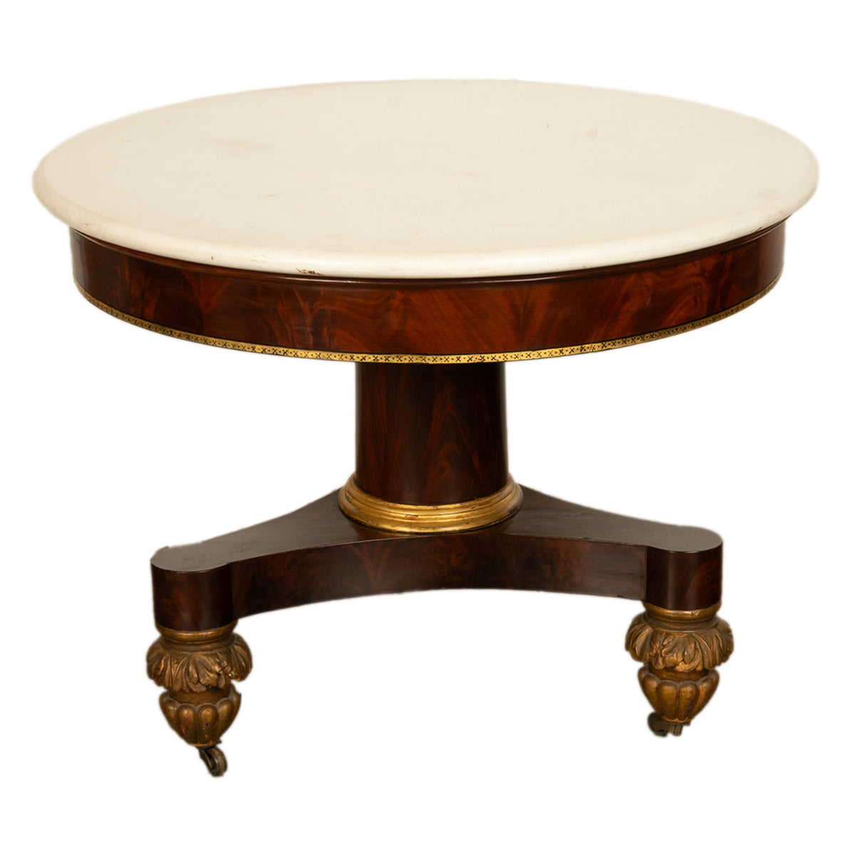 Antique American Classical Mahogany Marble Top Parcel Gilt Round Center Table New York Duncan Phyfe 1825