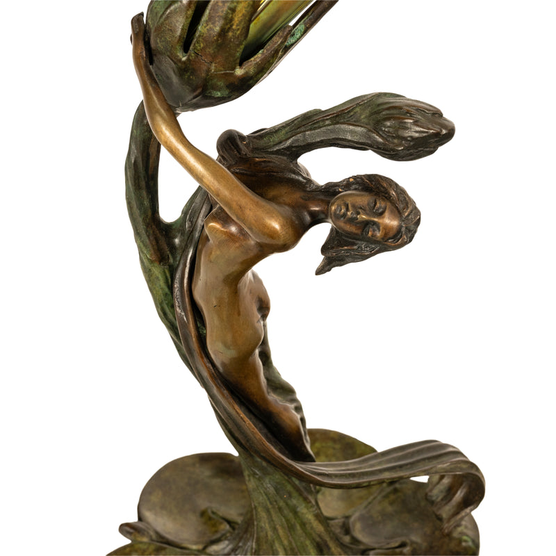 Antique Art Nouveau Austrian Bronze Figural Lamp Loetz Glass Gustav Gurschner, 1905
