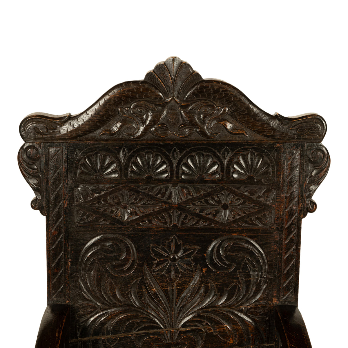 Antique 17th Century English Charles II Oak Carved Wainscot Armchair 1680